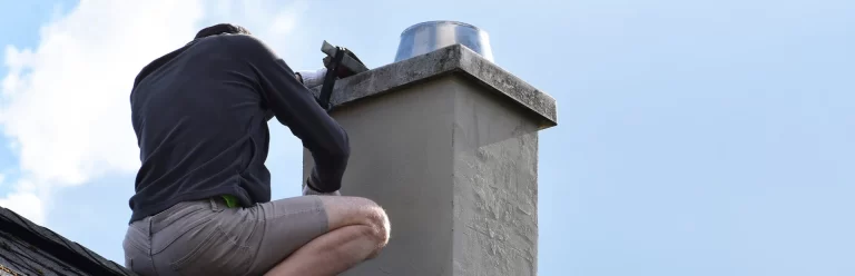 an experienced technician fixing a gray chimney on the roof
